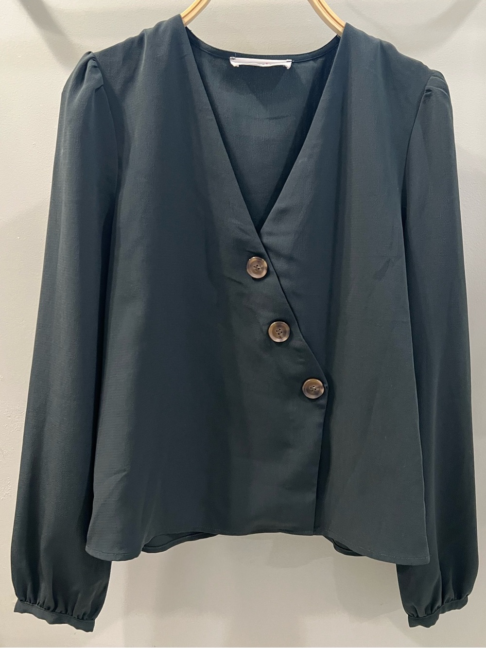 Dark Green V-Neck Asymmetrical Button Blouse